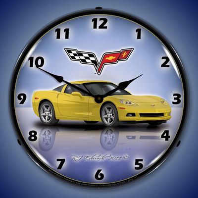 C6 Corvette Velocity Yellow Lighted Wall Clock