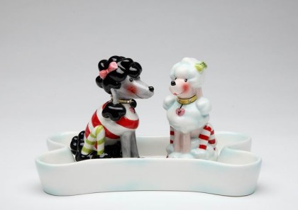 Poodles Salt And Pepper Shakers With Bone Tray